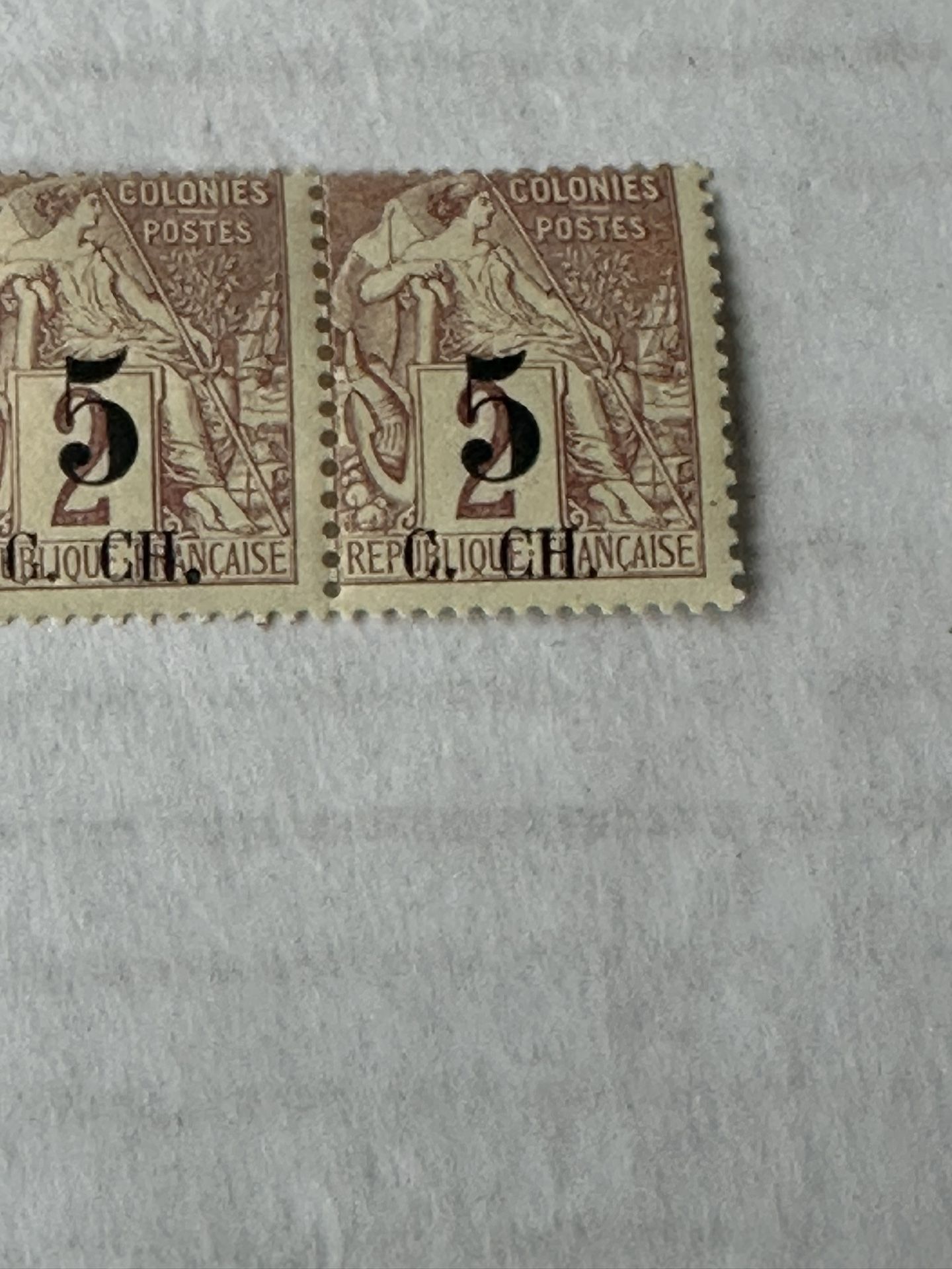 Cochin China Pair 1886 5Cents On 2 Cents Stamps MNH