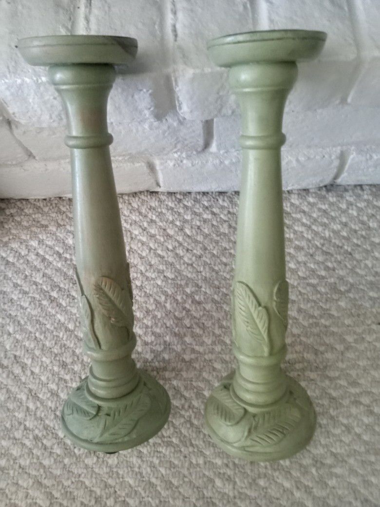 SET OF 18" TALL CARVED WOODEN CANDLE HOLDERS 