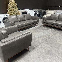 3 Piece Dark Grey Top Grain Leather Couch Ser