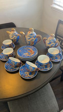 Dragon Porcelain Tea Set Blue and Gold