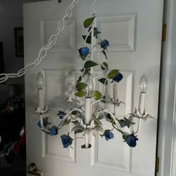Vtg Tole Metal Floral Flowers 5 Arm Chandelier Italy Light Fixture 