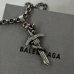 Snake Coiled Sword Pendant Brass Rhinestone Glass Necklace Women Silver