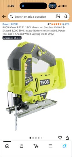 RYOBI One+ P5231 18V Lithium lon Cordless Orbital T-Shaped 3,000 SPM Jigsaw (Battery Not Included, P