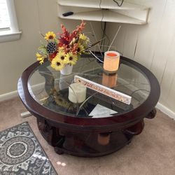 Circle Glass Cherry Oak Coffee Table With Design In Glass 