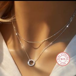 Double Layer 925 Sterling Silver Hypoallergenic Necklace With Hollow Round & Metal Rod Pendant Zirco