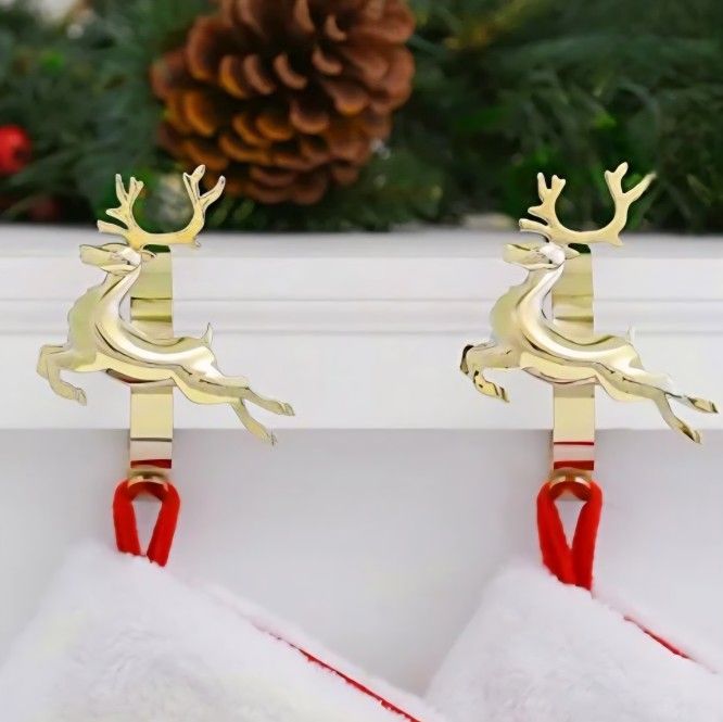 2 Pk The Original Mantle Clip Stocking Holder w/ Removable Reindeer Decoration