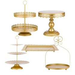 New Gold 5Pcs Cake Stands Set Metal Round Cupcake Holder Cookies Dessert Display Plate Serving Tower Tray Platter with Handle