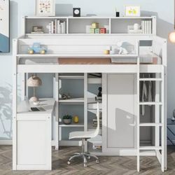 Twin Size White Wooden Loft Bed With Desk And Closet