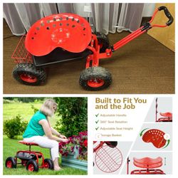 Sunnydaze Red Steel Rolling Garden Cart with Steering Handle, Swivel Seat and Tray