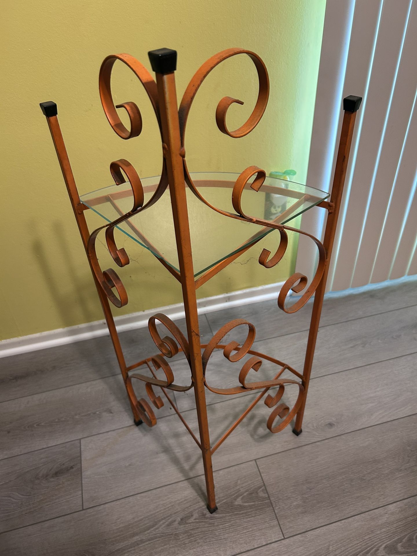 MCM Plant Stand Wrought Iron Orange With Glass Shelf