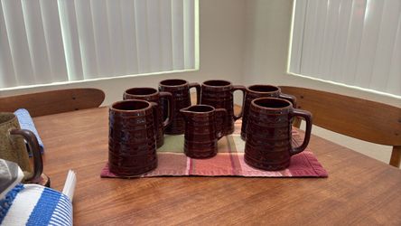 6 Vintage Marcrest 1950s, brown glazed Daisy/Dot stoneware stein /mug& pitcher, 16 ox, beer/ coffee