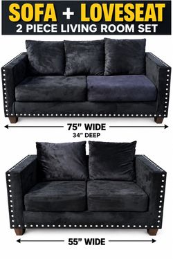 : Black Velvet Sofa / couch & Loveseat Set – Silver Nailhead Trim – 2 Piece Living Room Set