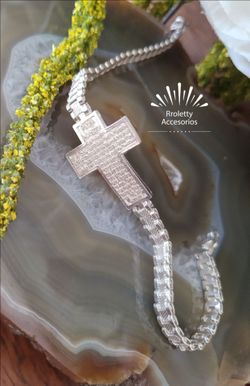 Pulsera de Plata 925 con Placa de Cruz y el Oración del Padre Nuestro