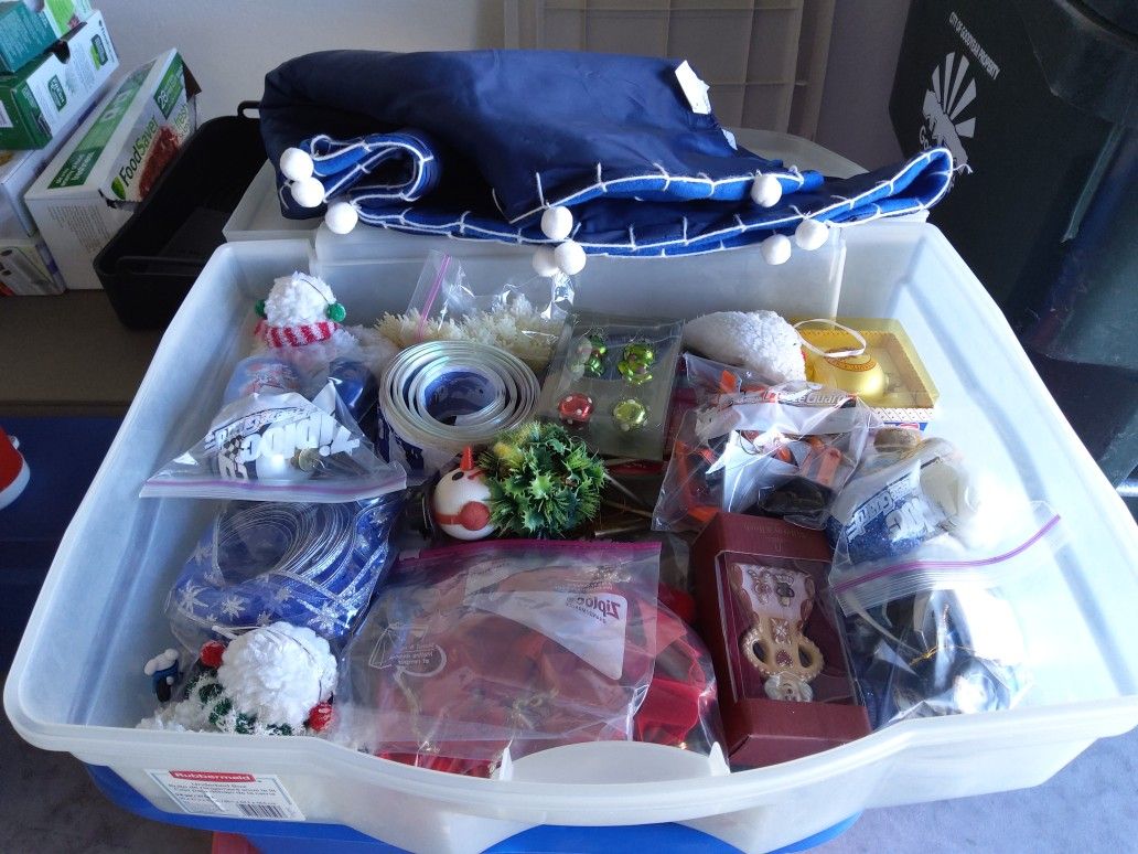 Storage Case Full Of Miscellaneous Christmas Tree Decorations & Tree Skirt