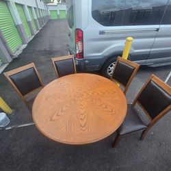 5-Pc Round Dining Set - Beautiful Starburst Wood Inlay & Leather Chairs
