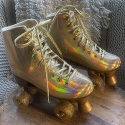 JajaHoho Holographic Roller Skates Quad Gold Glitter Shiny Womens Size 6