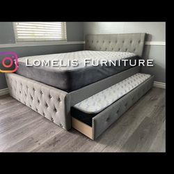 FULl Twin Grey button tufted trundle bed with orthopdeic mattresses incldued 