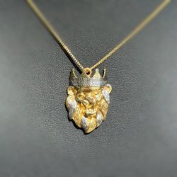 10k hollow yellow two tone gold lion crown 👑 Pendant charm
