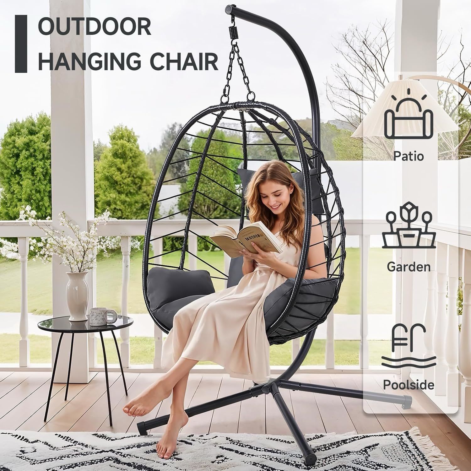 Hanging Egg Chair with Stand, Outdoor Indoor Egg Swing Chair with Cushion Headrest, Wicker Rattan Egg Chair with Dual Chains, 350LBS Capacity for Pati