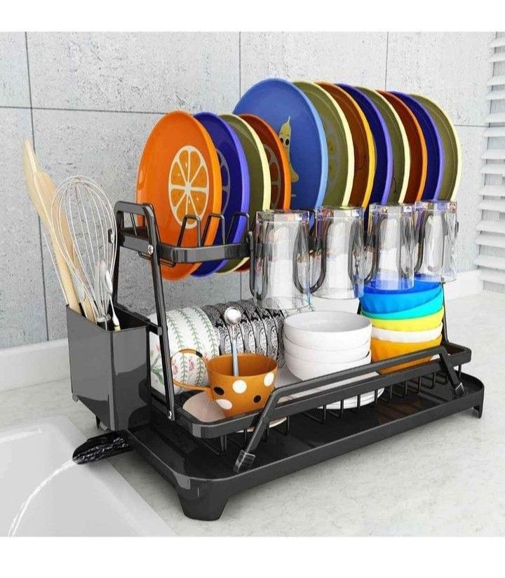 Dish Drying Rack with Drainboard, DDVIVIT 2-Tier Dish Rack with Adjustable Swivel Spout, Aluminum Alloy Utensil Holder, Knife Holder, Cup Holder, Dish