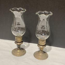 VTG Hurricane Lamp Candle Holder Ruffled Glass Shade Weighted Sterling Silver