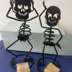 Partylite Mr. & Mrs. Bones 15” Metal Votive Candle Holder Halloween Skeleton