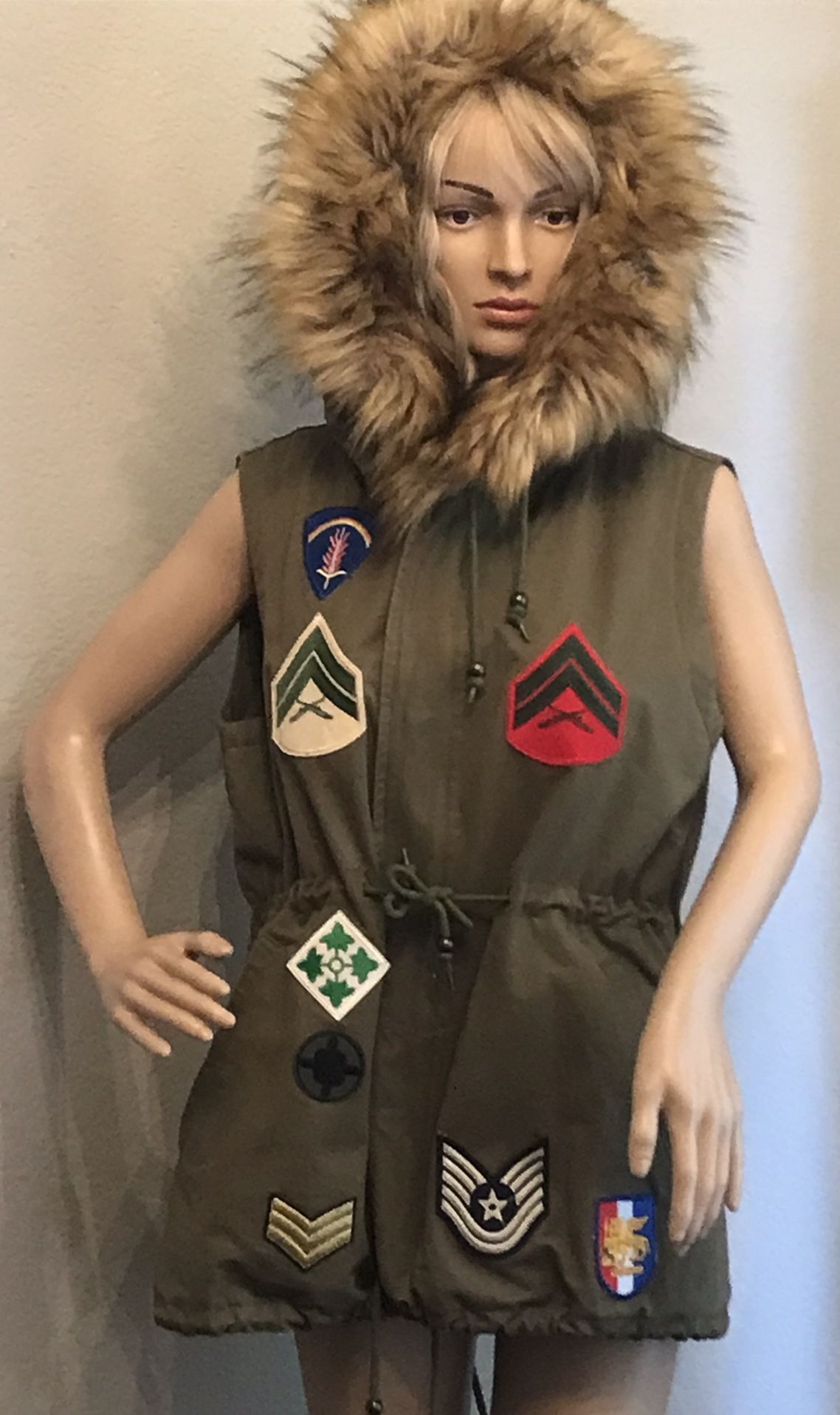 Bagatelle Large Military Parka Style Patches Fake Fur Lined Hood Streetwear
