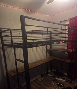 Metal Loft Bed Frame with Desk and Shelves