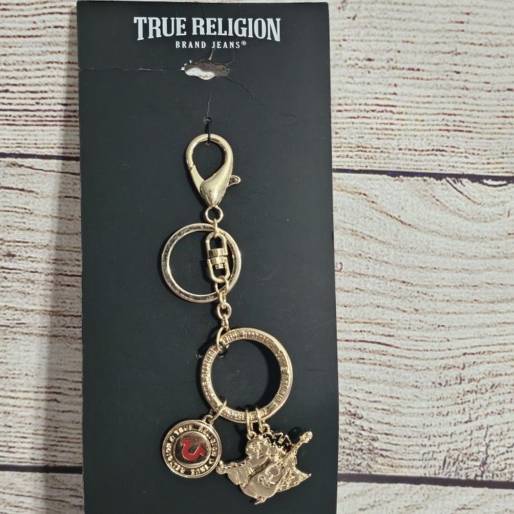 True Religion Gold Logo Key Chain/Bag Charm NEW