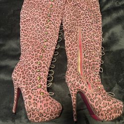 Pink Leopard Thigh High boots