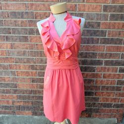 BCBGeneration Women’s 6 Ruffle Front Halter Dress Pink Pockets, 