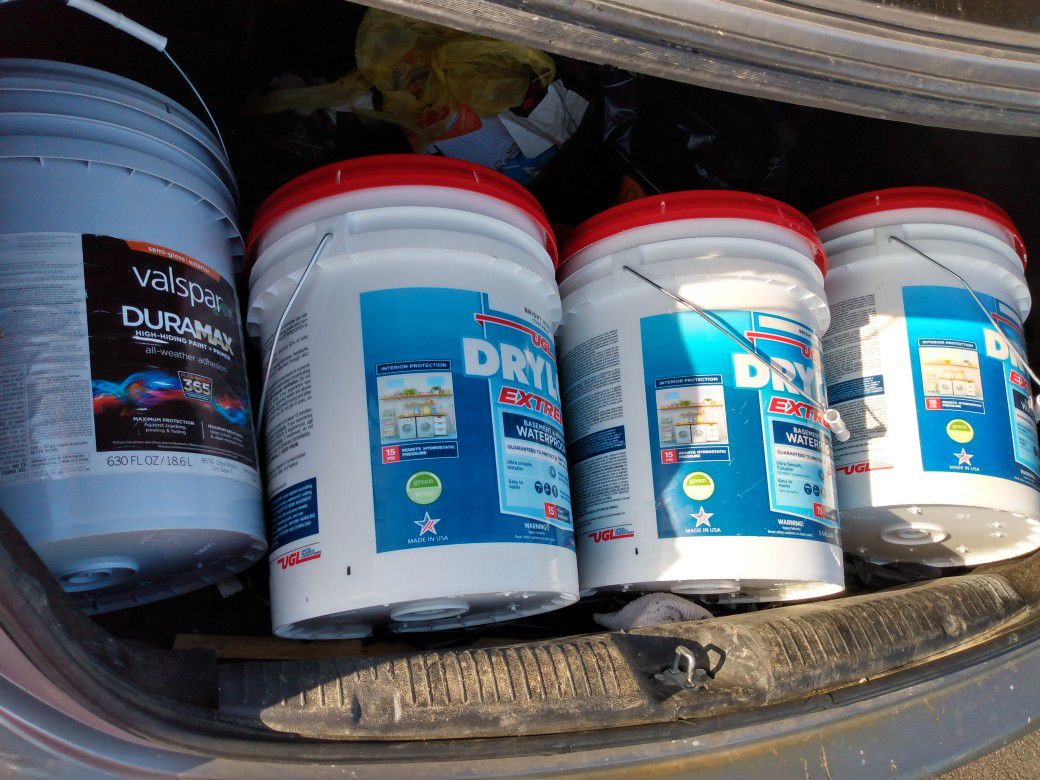 White drylok extreme and white semi-gloss exterior paint all 5 gallon buckets