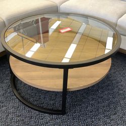 34" Round Wooden Glass Coffee Table