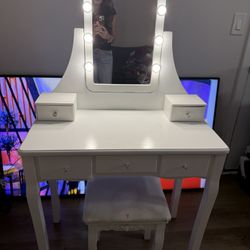 White Vanity With LED Lights and Seat
