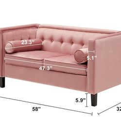 58'' W Velvet Sofa, Mid-Century Love Seats Sofa Furniture with Bolster Pillows, Button Tufted Couch for Living Room, Tool-Free Assembly (Loveseat, Pin