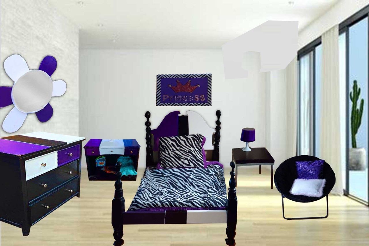 Beautiful Kid's Black Purple And White Bedroom 8pc Set