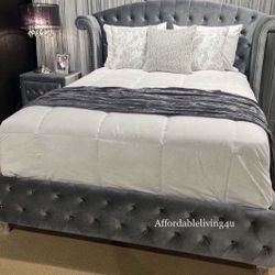 Queen Grey Velvet Bed Frame Brand New In Box 