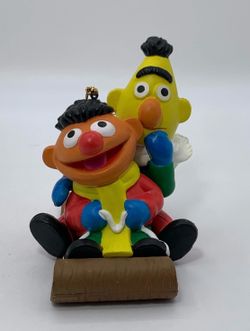 Vintage Sesame Street Christmas Ornament Bert & Ernie on Sled Jim Henson Product
