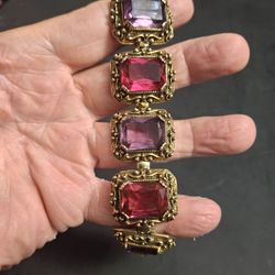 Vintage 20's To 40's Art Deco Style 6" Bracelet W/Glass Or Crystal Stones W/Brass Filagree, Amethyst & Rose Stones-Goldtoned