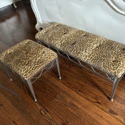 Leopard Bench And 4 Matching Stools.. 4 Animal Print Stools And 1 Large Bench