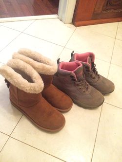 Girls size 5 Magellan hiking boots and faux fur boots.
