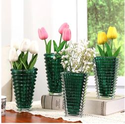 🚨 SELLING FAST! CRYSTAL GREEN FLOWER VASE SET OF 4 – ONLY $25 FIRM! ✨