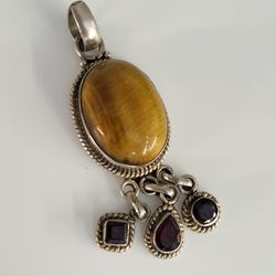 Vintage 925 Silver Golden Tiger's Eye Boho & Natural Garnet Dangle Pendant