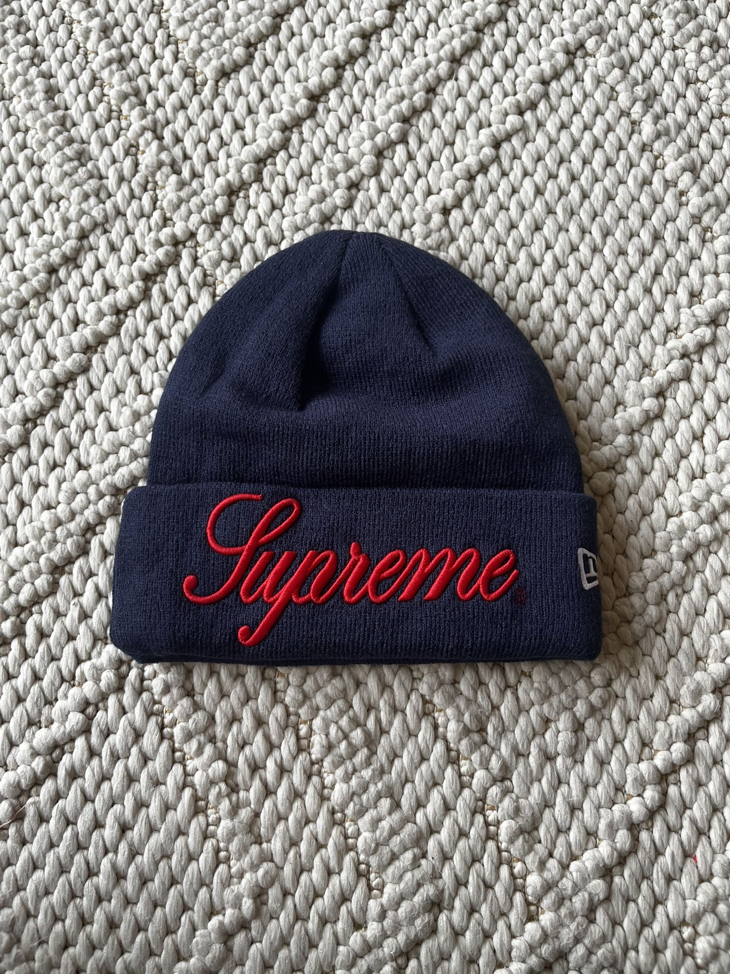 FW24 Supreme World Famous Logo Script Beanie/Hat Navy Blue