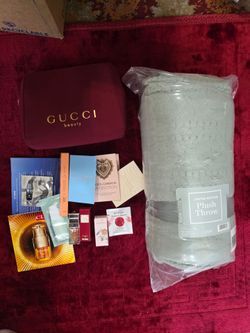Gucci pouch samples and blanket