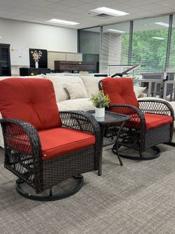 3-Pieces Patio Furniture Set, Outdoor Swivel Glider Rocker, Wicker Patio Bistro Set with Rocking Chair, Thickened Cushions and Table for Porch (Red)  