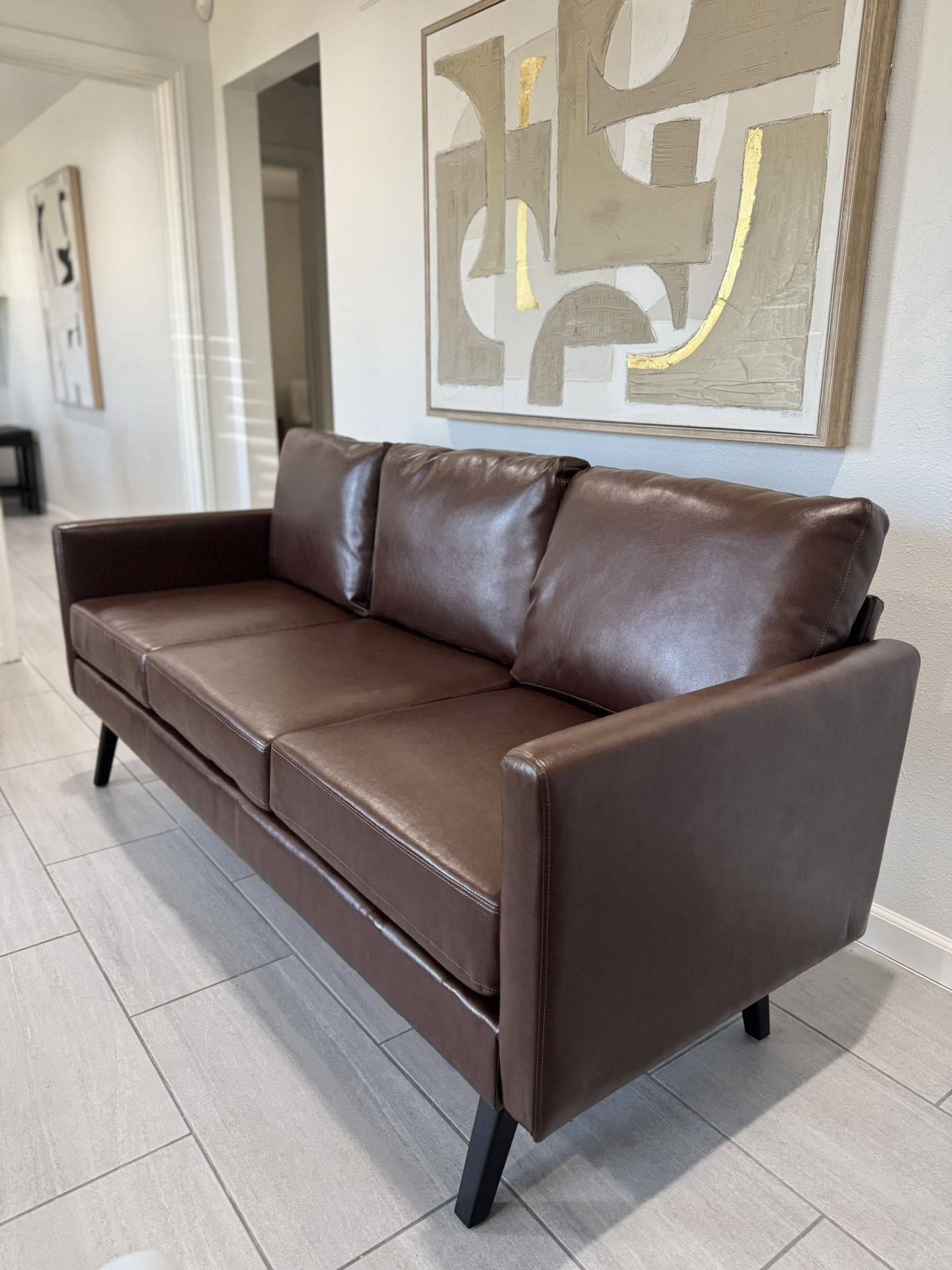 New Mid Century Faux Leather Sofa 