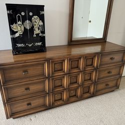 Mid-Century Solid Wood Dresser 9 Drawers With Mirror Brown Color