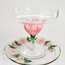 Vintage Hand‑Painted Floral Cocktail/Coupe Glasses + Plates — 4 Glasses, 6 Plates Midcentury Barware
