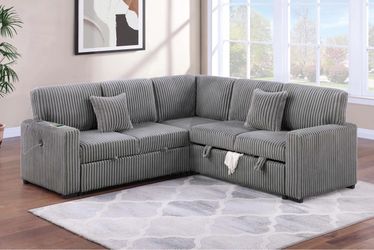 L-Shape Corduroy Sleeper Couch Sectional w/ Storage & USB